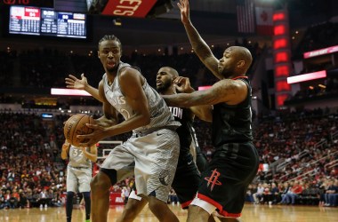 Andrew Wiggins of the Minnesota Timberwolves (left) during game one of the first round of the 2018 NBA Playoffs in Houston, Texas, on April 15th, 2018.