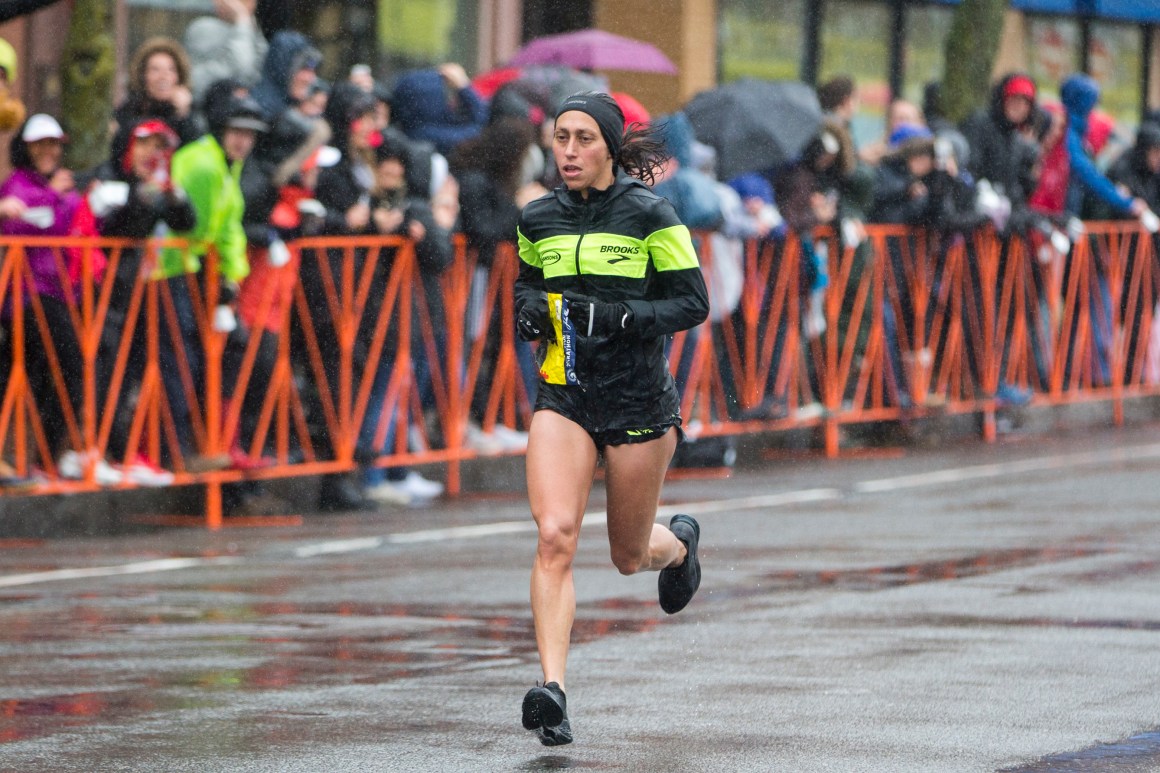 Desiree Linden approaches the 24 mile marker of the 2018 Boston Marathon on April 16th, 2018, in Brookline, Massachusetts. Linden was the first American to win the race in 33 years.