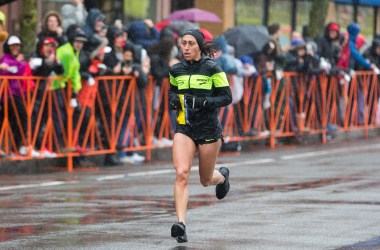 Desiree Linden approaches the 24 mile marker of the 2018 Boston Marathon on April 16th, 2018, in Brookline, Massachusetts. Linden was the first American to win the race in 33 years.