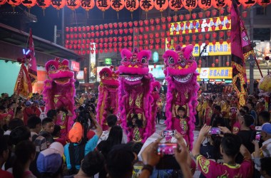 Lion dancers perform at Jenn Lann Temple during festivities marking the end of the nine-day Mazu Pilgrimage, on April 22nd, 2018, in Dajia near Taichung, Taiwan. The annual Mazu Pilgrimage begins at Jenn Lann Temple in Taichung and sees around 200,000 pilgrims walk up to 12 hours each day for nine days carrying a statue of Chinese sea goddess Mazu in a sedan chair. The journey covers around 350 kilometers, much of it through mountainous and rugged terrain, and visits more than 100 temples before returning to Taichung.