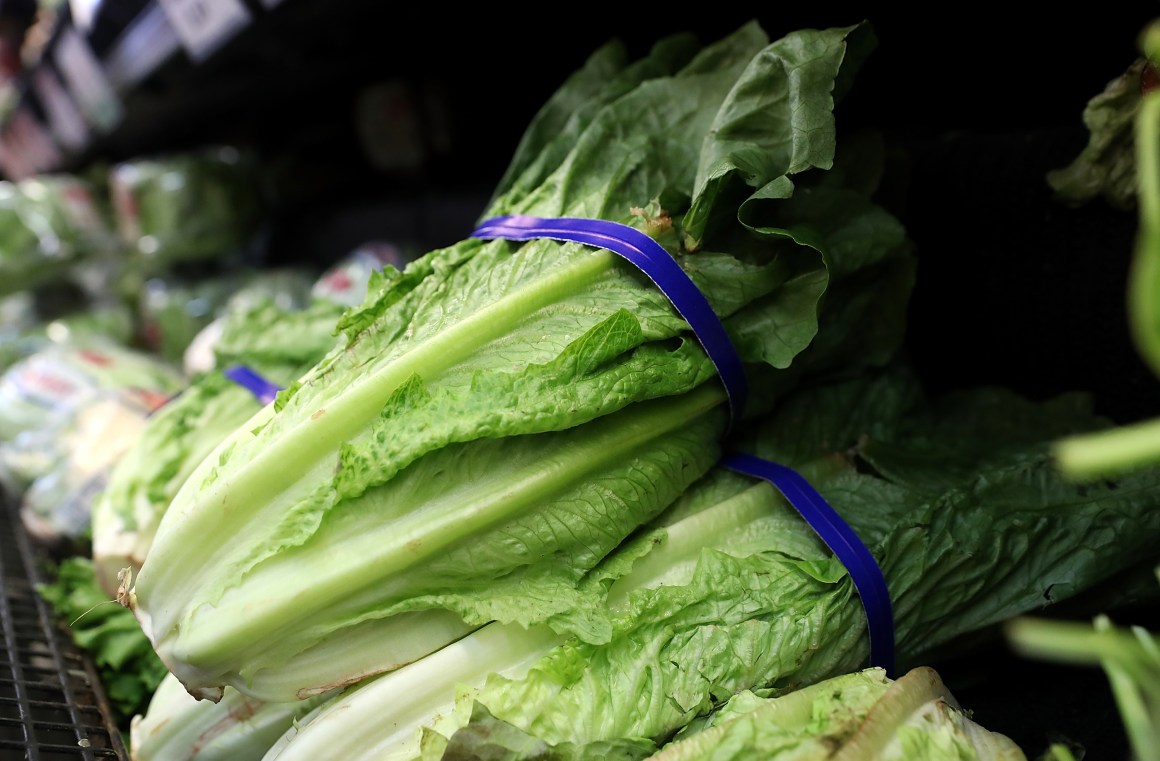 Romaine lettuce is displayed on a shelf at a supermarket on April 23rd, 2018, in San Rafael, California.