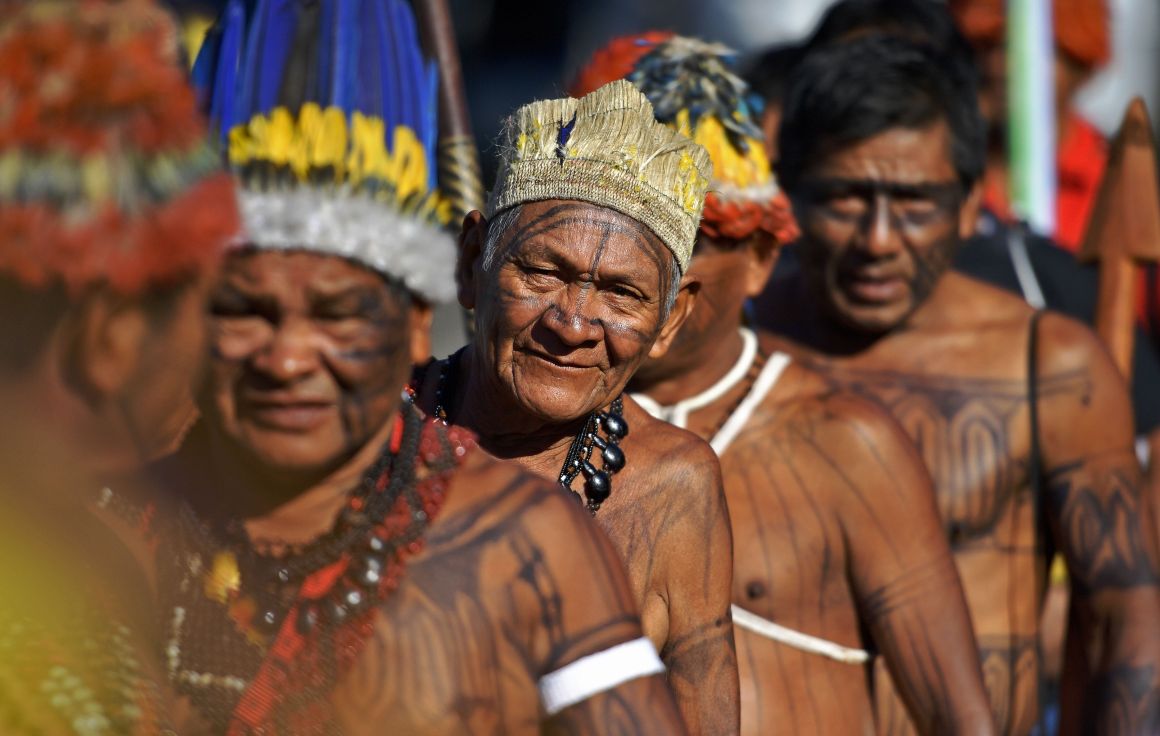 Members of the Munduruku tribe leave the Acampamento Terra Livre (Free Land Camp) in Brazil to protest in front of the Ministry of Justice on April 24th, 2018, against a proposed dam on their land.