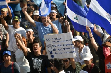 Students march during a protest against the government of President Daniel Ortega, in Managua, on April 25th, 2018.