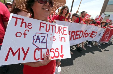 Arizona teachers march toward the State Capitol in Phoenix, Arizona, on April 26th, 2018.