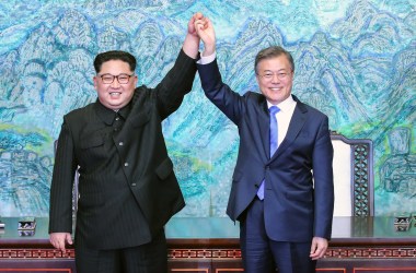 North Korean leader Kim Jong-un (L) and South Korean President Moon Jae-in (R) pose for photographs after signing the Panmunjom Declaration for Peace, Prosperity and Unification of the Korean Peninsula during the Inter-Korean Summit at the Peace House on April 27th, 2018, in Panmunjom, South Korea.