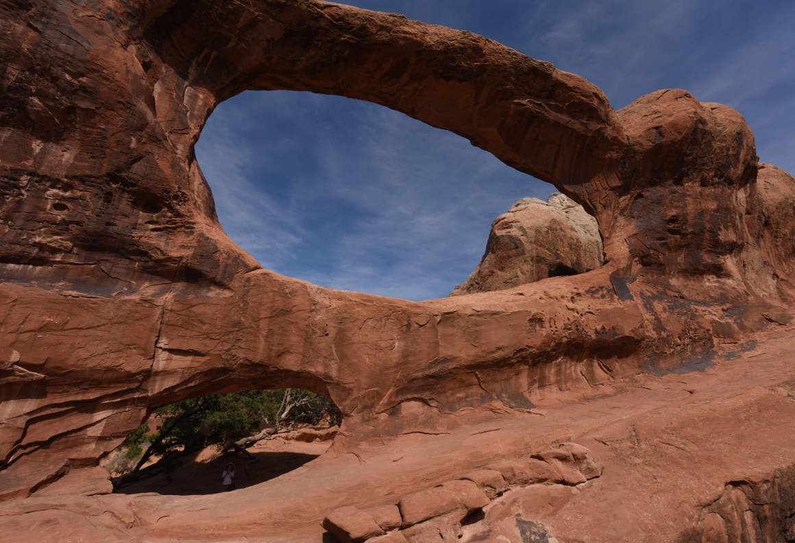 The Double O Arch in Arches National Park near Moab, Utah, on April 22nd, 2018.