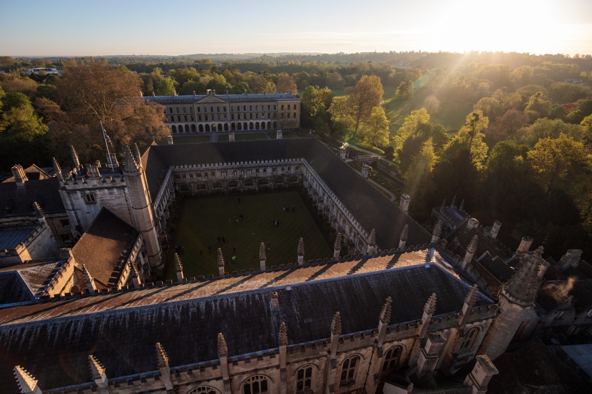 The sun rises on Magdalen College at Oxford University on May 1st, 2018, in Oxford, England.