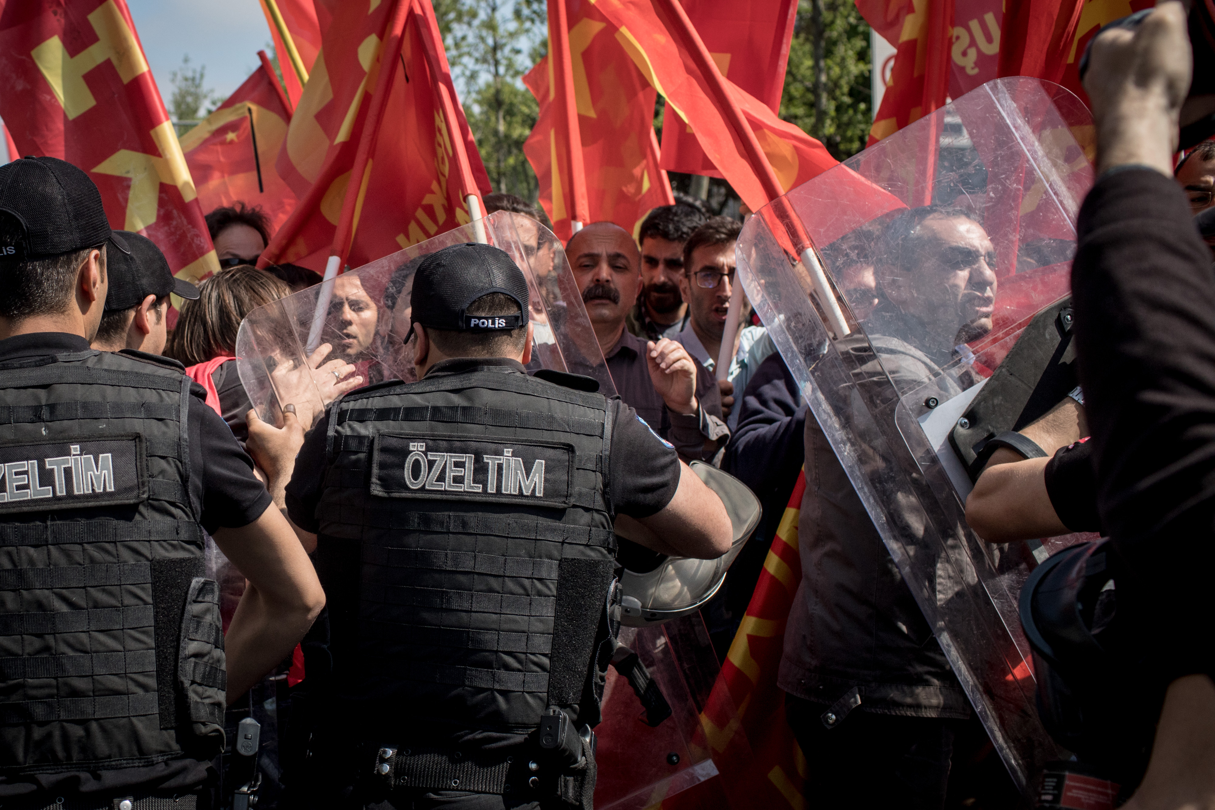 Protesters clash with police on a street in the Besiktas neighborhood during a May Day demonstration on May 1st, 2018, in Istanbul, Turkey. People demonstrate around the world on May Day to fight for workers' rights.