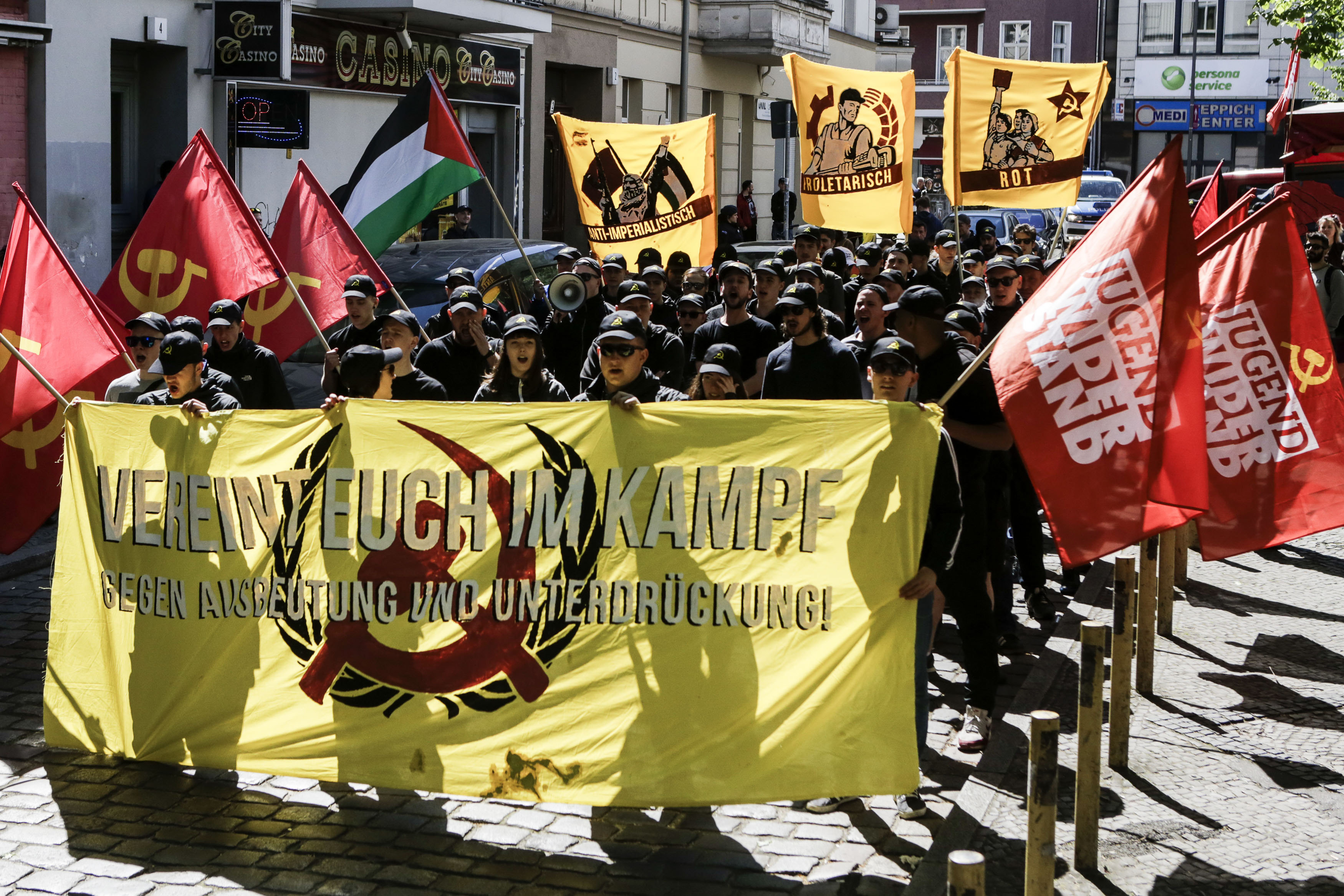 Protesters attend a left-wing radical and pro-Palestinian demonstration on May 1st, 2018, in Berlin, Germany. May Day is a holiday in Germany traditionally dedicated to labor, with unions and political parties holding gatherings and rallies across the country. May Day also brings out the fringes of the political spectrum, with leftists and anarchists marching in Berlin and neo-Nazis marching in Erfurt.