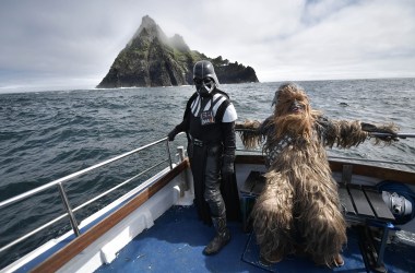 Fans dressed as Darth Vader and Chewbacca take a boat trip to the Skelligs on May 4th, 2018, in Portmagee, Ireland. The first-ever Star Wars festival is taking place against the backdrop of the famous Skellig Michael island, which was used extensively in Episode VII and Episode VIII of the popular science-fiction saga. The small fishing village of Portmagee, which is closest to the location, has seen a boom in tourism following the latest films. The village will host a Star Wars drive-in and a Star Wars-themed Irish dancing competition over the weekend.