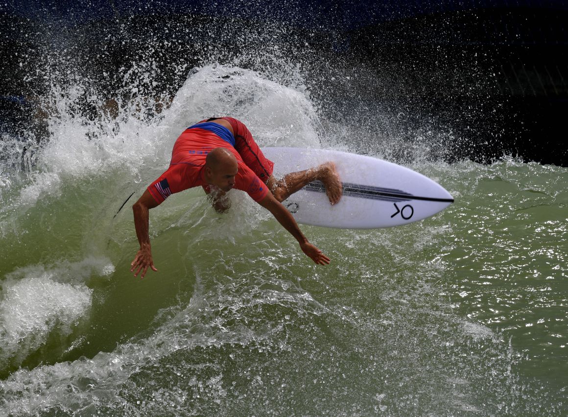 Kelly Slater slashes the lip at the Kelly Slater Surf Ranch in Lemoore, California, on May 5th, 2018.