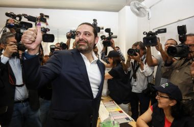 Lebanese Prime Minister Saad Hariri gives a thumbs-up to journalists after voting at a polling station in Beirut on May 6th, 2018.