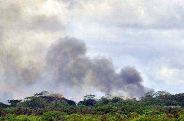 A plume of volcanic smoke rises over the area of Leilani Estates on May 6th, 2018, on Hawaii's Big Island.