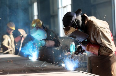 This photo taken on May 3rd, 2018, shows a worker cutting steel at a factory in Huaibei in China's eastern Anhui province.