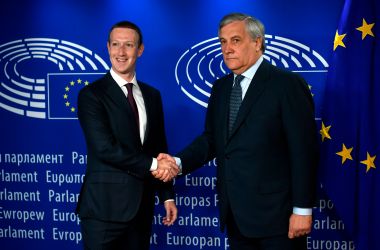 European Parliament President Antonio Tajani welcomes Facebook's Mark Zuckerberg at the European Parliament prior to his testimony on the Cambridge Analytica data scandal in May of 2018. Under a European regulation enacted that month, France recently fined Google €50 million.