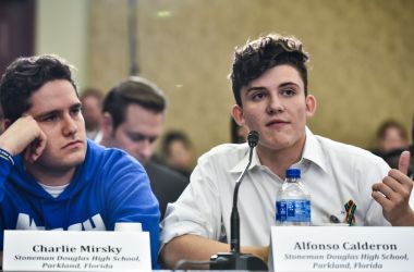 Charlie Mirsky (left), and Alfonso Calderon, students from Marjory Stoneman Douglas High School in Parkland, Florida, take part in a Gun Violence Prevention Forum at the House Visitor Center at the U.S. Capitol in Washington, D.C., on May 23rd, 2018.