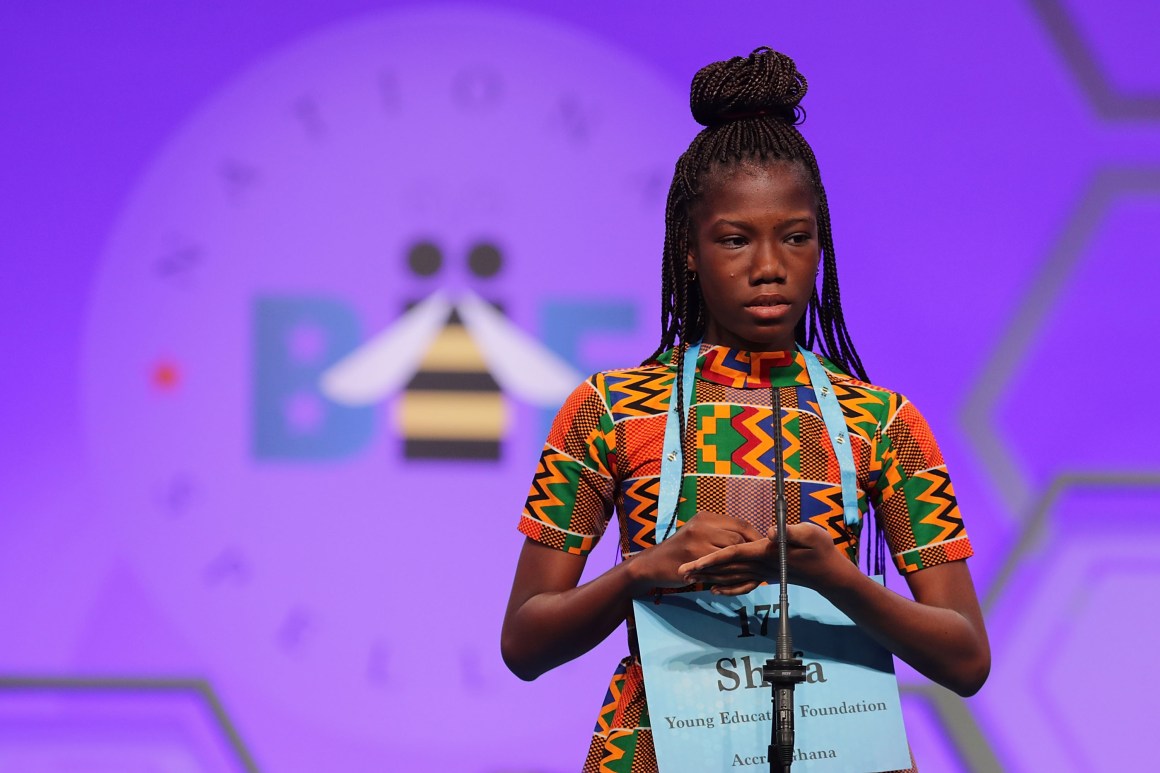 Shifa Amankwah-Gabbey, 12, of Accra, Ghana, participates in the 91st Scripps National Spelling Bee at the Gaylord National Resort and Convention Center on May 30th, 2018, in National Harbor, Maryland. More than 500 spellers from across the country and around the world competed in the bee.