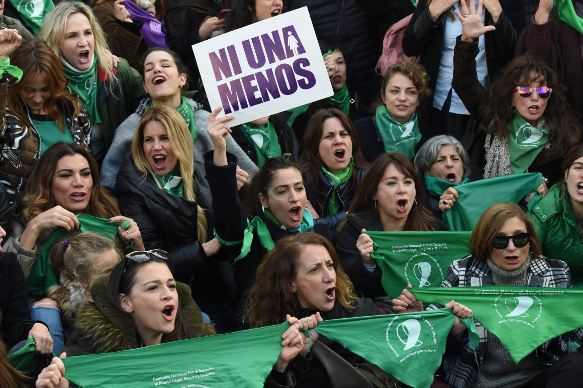 Dozens of pro-choice activists gather in front of the Argentine Congress in Buenos Aires, on June 3rd, 2018, calling for the approval of a bill that would legalize abortion. The abortion bill will go to a vote in the lower house on June 13th.