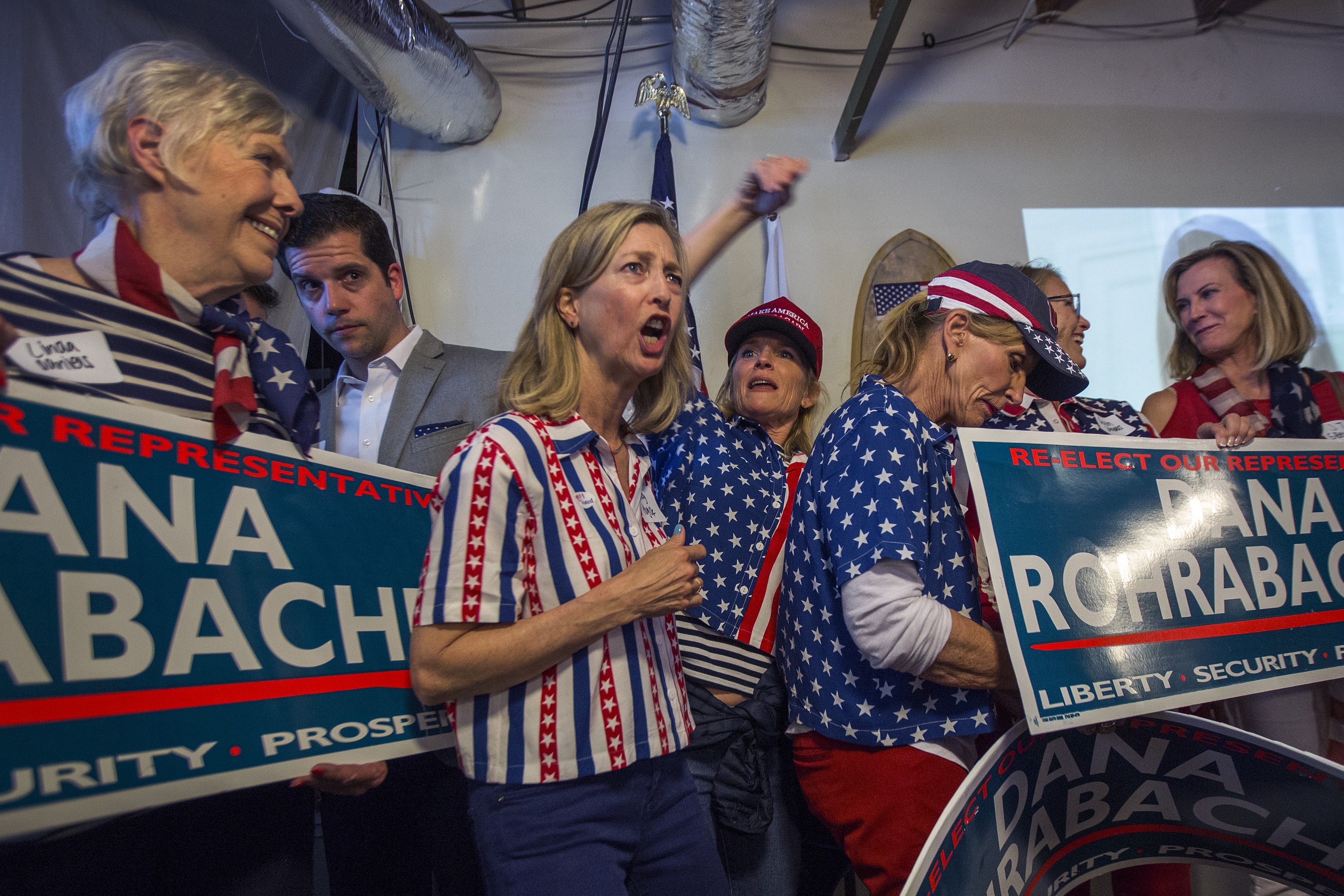 Supporters attend Dana Rohrabacher's primary election night party at his campaign headquarters on June 5th, 2018, in Costa Mesa, California.