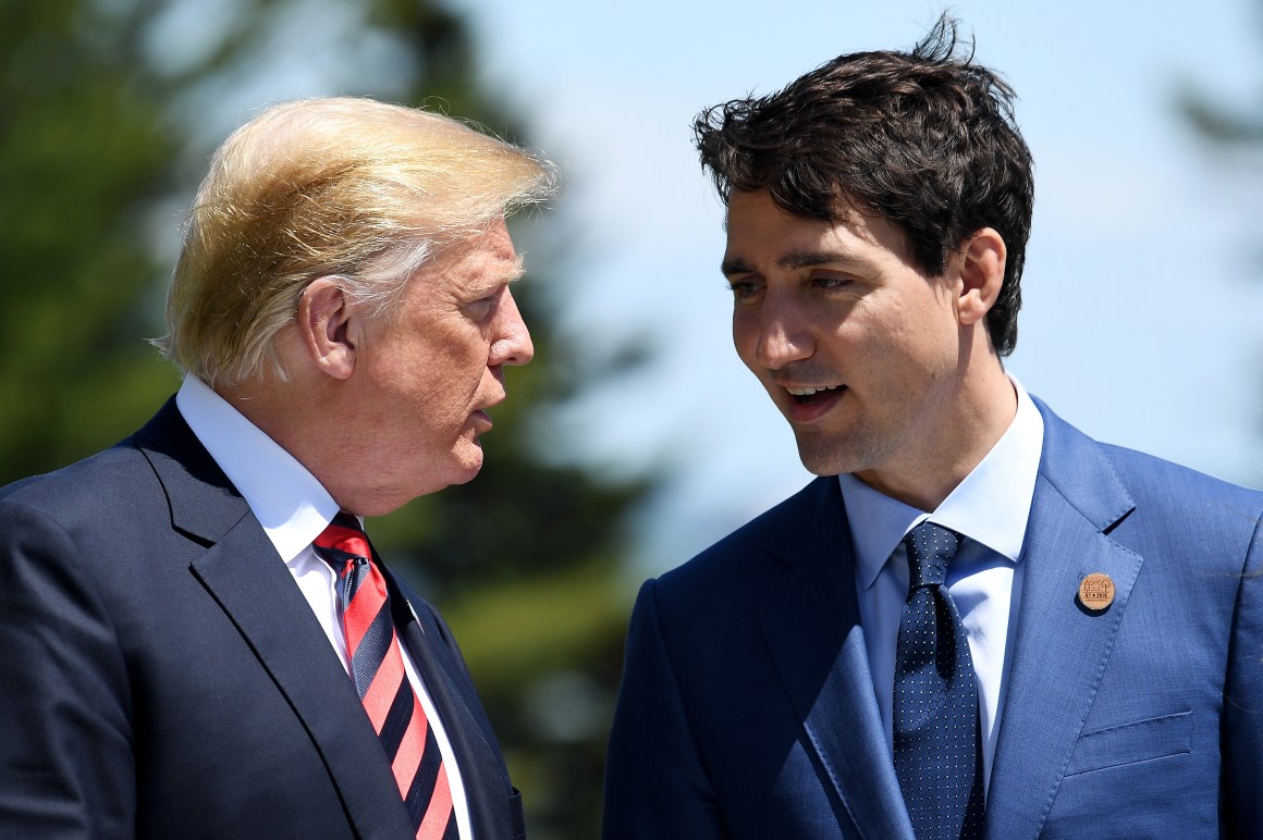 Prime Minister of Canada Justin Trudeau speaks with President Donald Trump during the G7 summit G7 meeting on June 8th, 2018, in Quebec City, Canada.