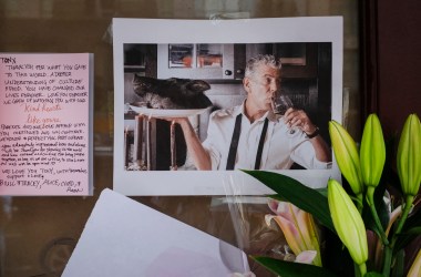 Notes, photographs, and flowers are left in memory of Anthony Bourdain at the closed location of Brasserie Les Halles, where Bourdain used to work as the executive chef, on June 8th, 2018, in New York City.