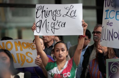 Family members of detainees and community activists rally outside of the Dirksen Federal Building following a court hearing on June 11th, 2018, in Chicago, Illinois. The family members and activists filed suit in federal court claiming Immigration and Customs Enforcement was racially profiling in their communities.