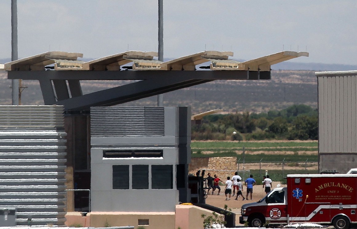 Migrants play football at a temporary detention center for immigrant children in Tornillo, Texas.