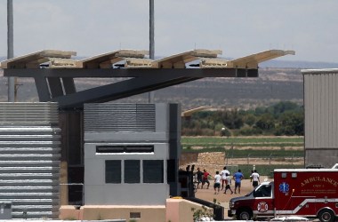 Migrants play football at a temporary detention center for immigrant children in Tornillo, Texas.