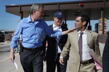 New York City Mayor Bill de Blasio and City of Miami Mayor Francis Suarez (L-R) from the U.S. Conference of Mayors arrive with other mayors at the Tornillo-Guadalupe port of entry to call for the immediate reunification of separated immigrant families on June 21st, 2018, in Fabens, Texas.