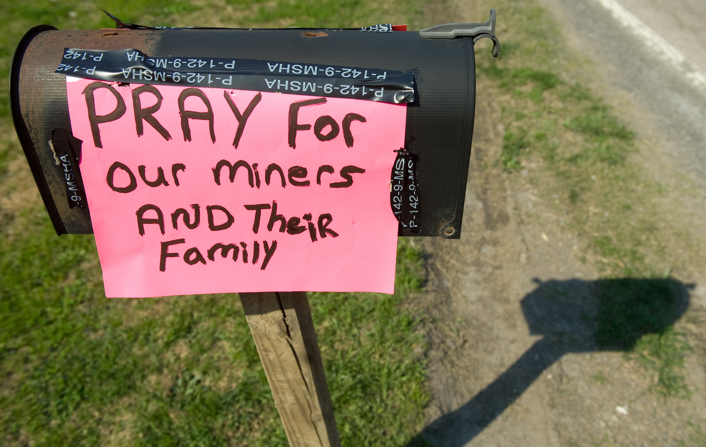 A sign for prayer posted on a mailbox near the entrance to the Upper Big Branch coal mine owned by Massey Energy Company and operated by Performance Coal Company in Montcoal, West Virginia, on April 6th, 2010.