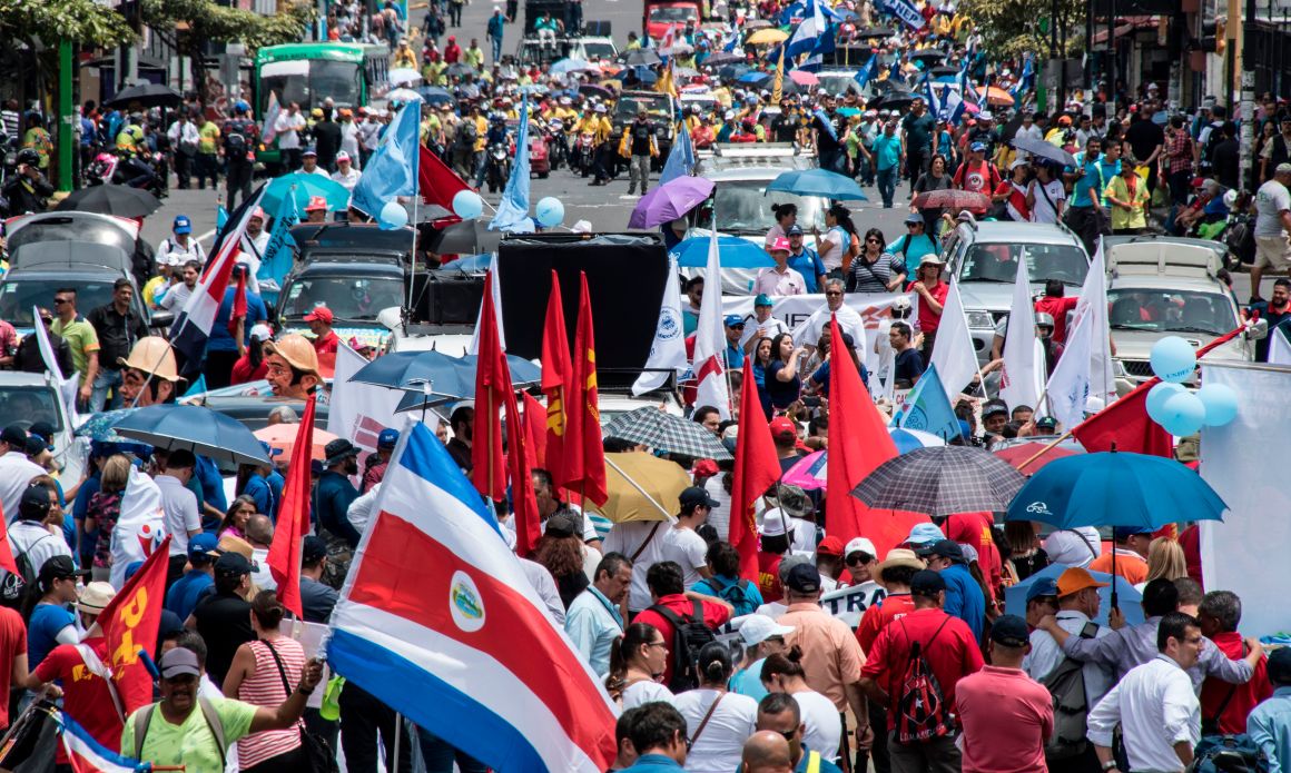 Thousands of public-sector employees march during a strike called by labor unions to protest against austerity measures in San José, Costa Rica, on June 25th, 2018.