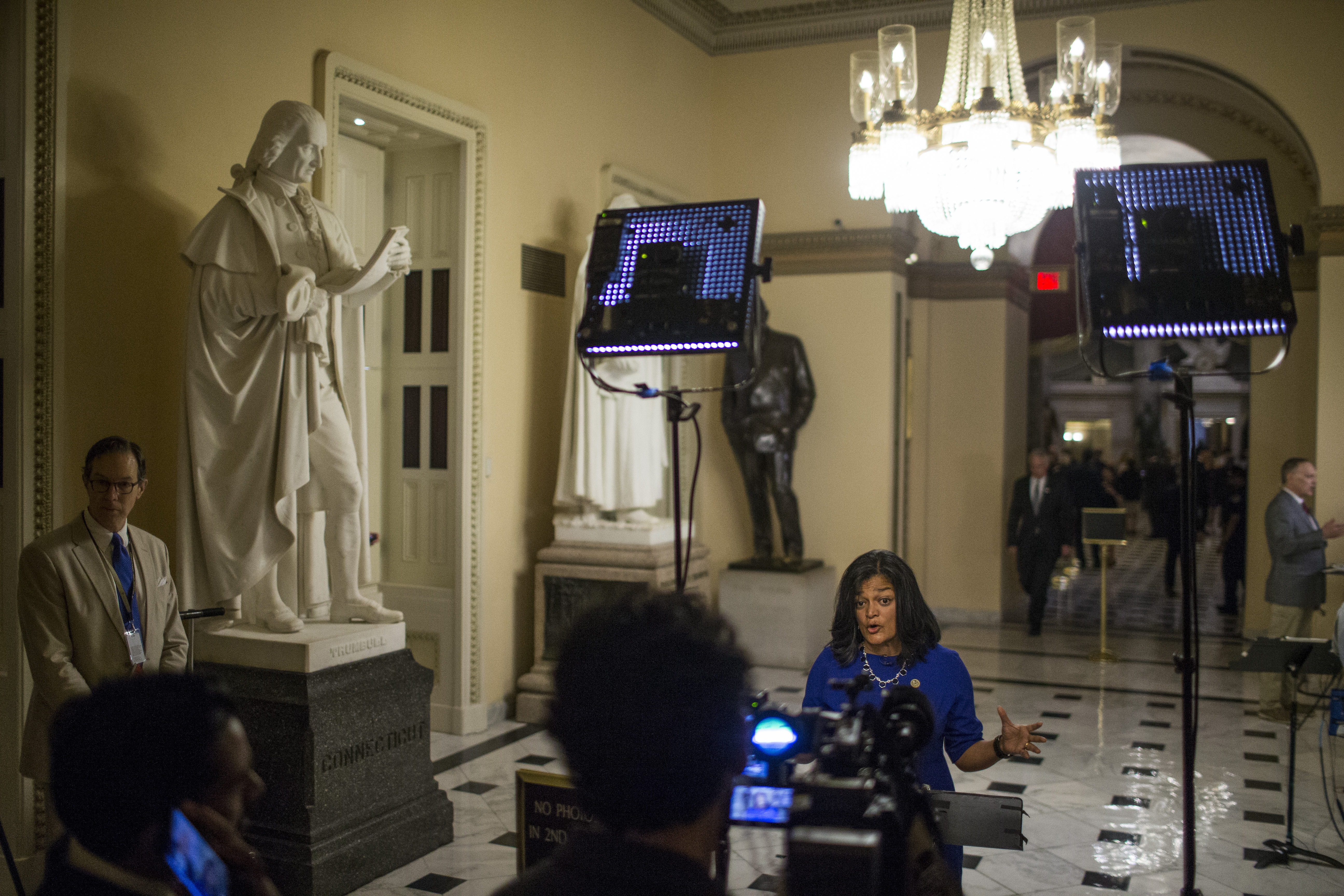 Rep. Pramila Jayapal (D-Washington) speaks to a television crew following a June of 2018 vote on the Blue Water Navy Vietnam Veterans Act. While the bill later stalled in the senate, the U.S. Court of Appeals for the Federal Circuit ruled in January of 2019 that Blue Water Vietnam veterans are entitled to VA claims related to exposure to Agent Orange.