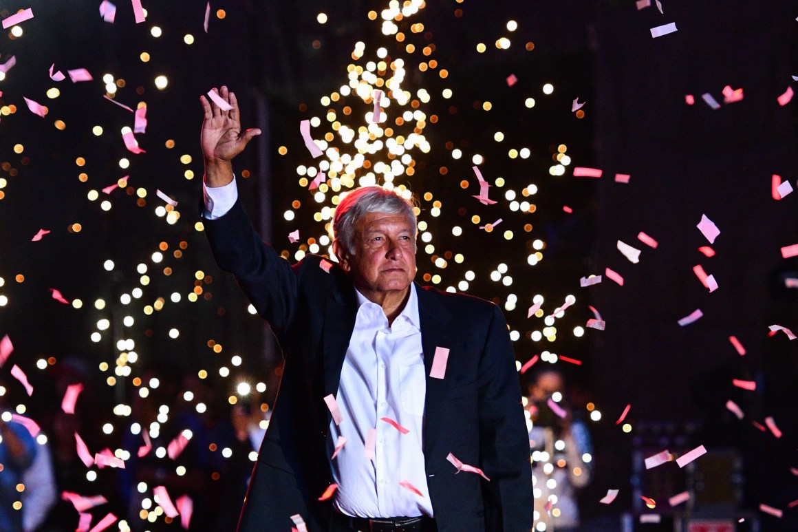 Andrés Manuel López Obrador waves to supporters during the closing rally of his campaign at the Azteca stadium in Mexico City on June 27th, 2018.