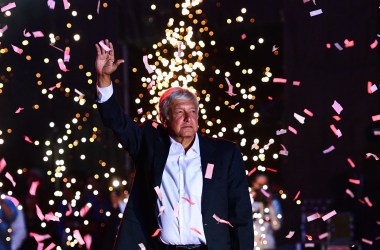 Andrés Manuel López Obrador waves to supporters during the closing rally of his campaign at the Azteca stadium in Mexico City on June 27th, 2018.