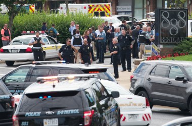 Police respond to a shooting at the building that houses the Capital Gazette in Annapolis, Maryland, on June 28th, 2018.