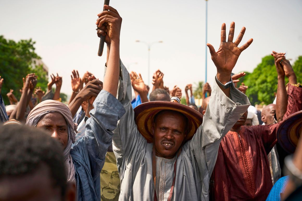 Fulani people protest during a silent march in response to a massacre in Koumaga, Mali.