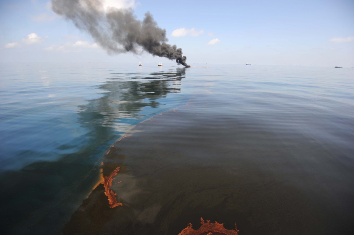 Oil burns during a controlled fire on May 6th, 2010, in the Gulf of Mexico.