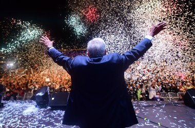 Mexico's newly elected President Andres Manuel Lopez Obrador, representing the Juntos Haremos Historia Party, cheers his supporters at the Zocalo Square after winning general elections, in Mexico City, on July 1st, 2018.