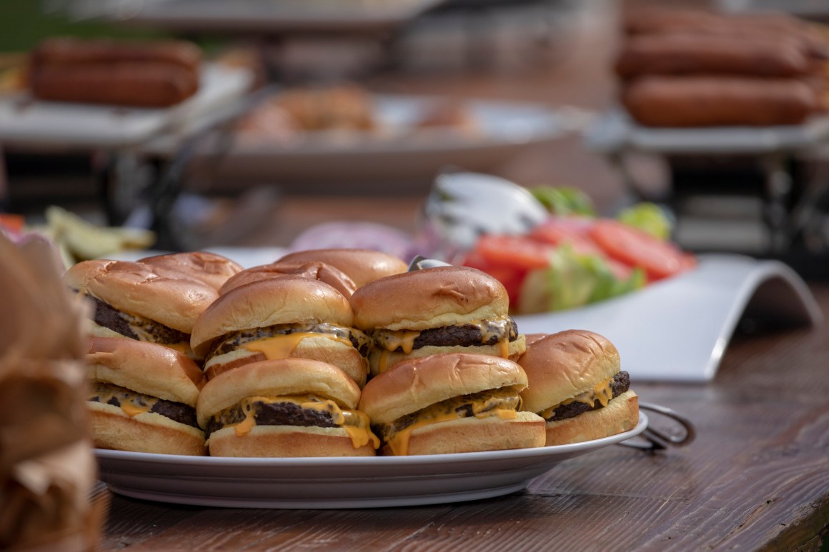 Cheeseburgers are seen during a picnic for military families hosted by President Donald Trump and First Lady Melania Trump at the White House on July 4th, 2018, in Washington, D.C.