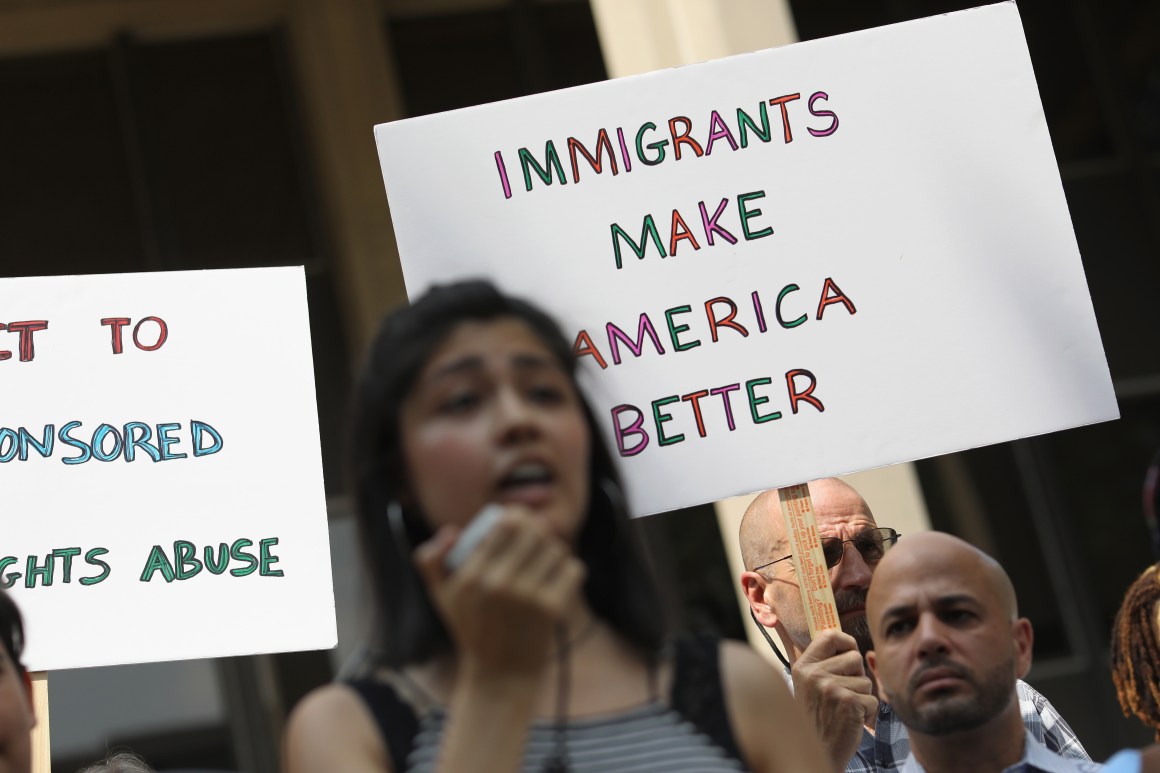 People protest President Donald Trump's immigration policies in front of a federal courthouse in Bridgeport, Connecticut, on July 11th, 2018.