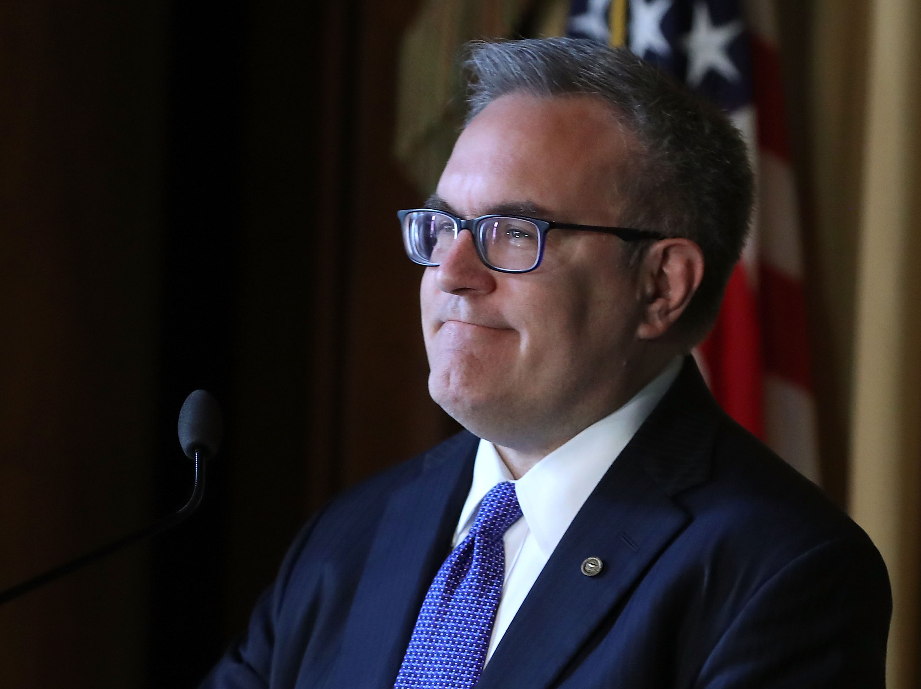 Acting EPA Administrator Andrew Wheeler speaks to staff at the Environmental Protection Agency headquarters on July 11th, 2018, in Washington, D.C.