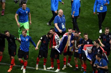 Croatia's players celebrate after winning the Russia 2018 World Cup semi-final football match between Croatia and England at the Luzhniki Stadium in Moscow on July 11th, 2018.