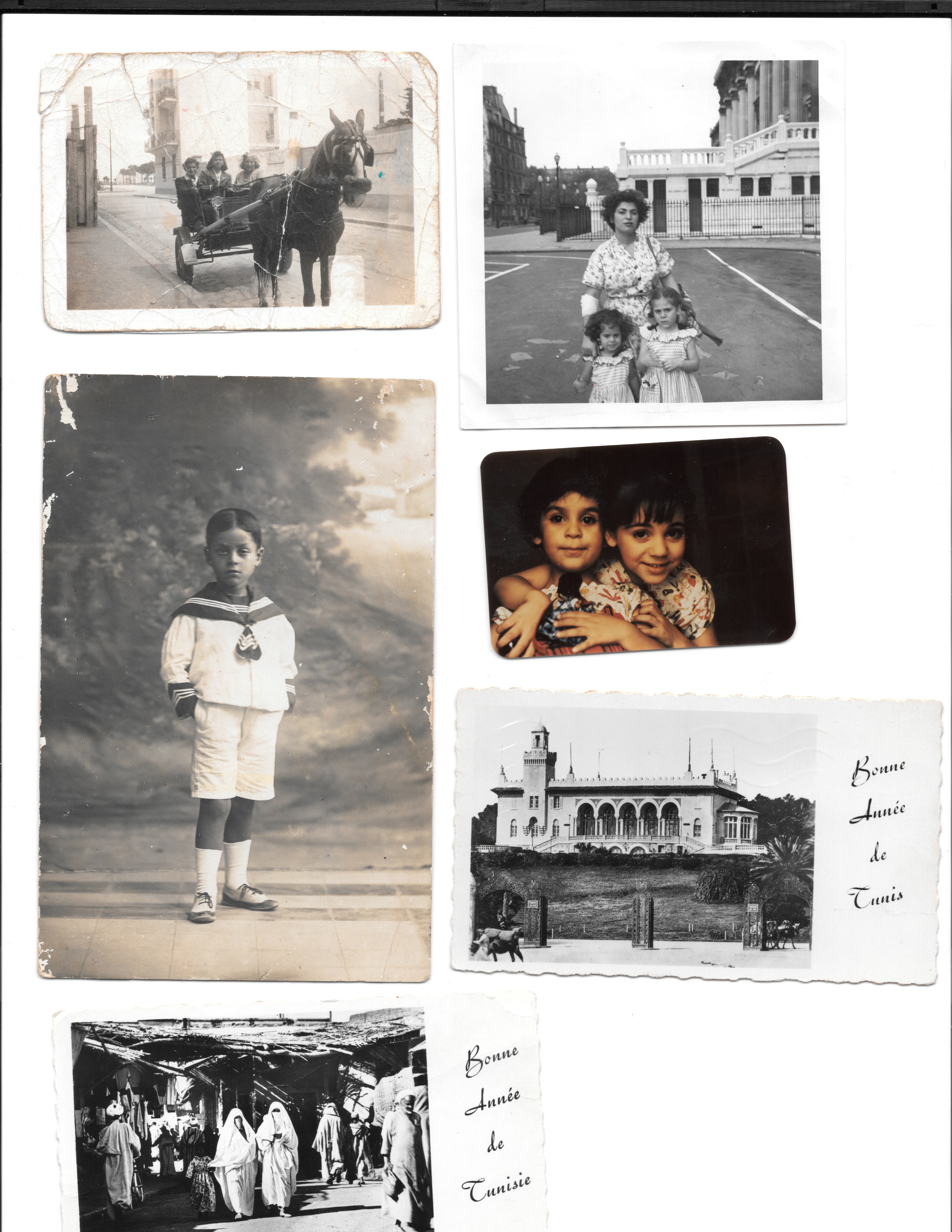 Photos of Hayoun's family in Tunis, Paris, and Alexandria, plus New Year's postcards from other family members who had remained in Tunis.