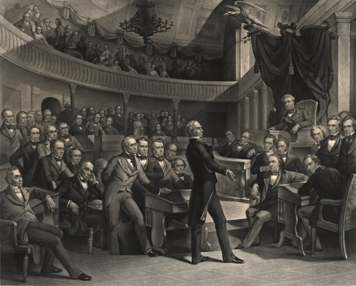 The United States Senate, A.D. 1850, an engraving by Peter F. Rothermel that depicts Senator Henry Clay speaking in the Old Senate Chamber; Vice President Millard Fillmore presides, as Senator John C. Calhoun (to the right of the Speaker's chair) and Senator Daniel Webster (seated to the left of Clay) look on.