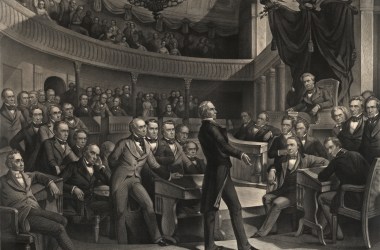 The United States Senate, A.D. 1850, an engraving by Peter F. Rothermel that depicts Senator Henry Clay speaking in the Old Senate Chamber; Vice President Millard Fillmore presides, as Senator John C. Calhoun (to the right of the Speaker's chair) and Senator Daniel Webster (seated to the left of Clay) look on.