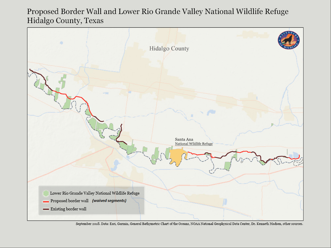 A map of the areas in Hidalgo County where a border wall will be built, which the Department of Homeland Security provided after invoking its environmental waivers for constructing a barrier. This waiver nullifies all laws that protect air, water, endangered species, and religious/historical sites.