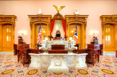 The speaker's dais in the House Chamber of the Ohio State House.