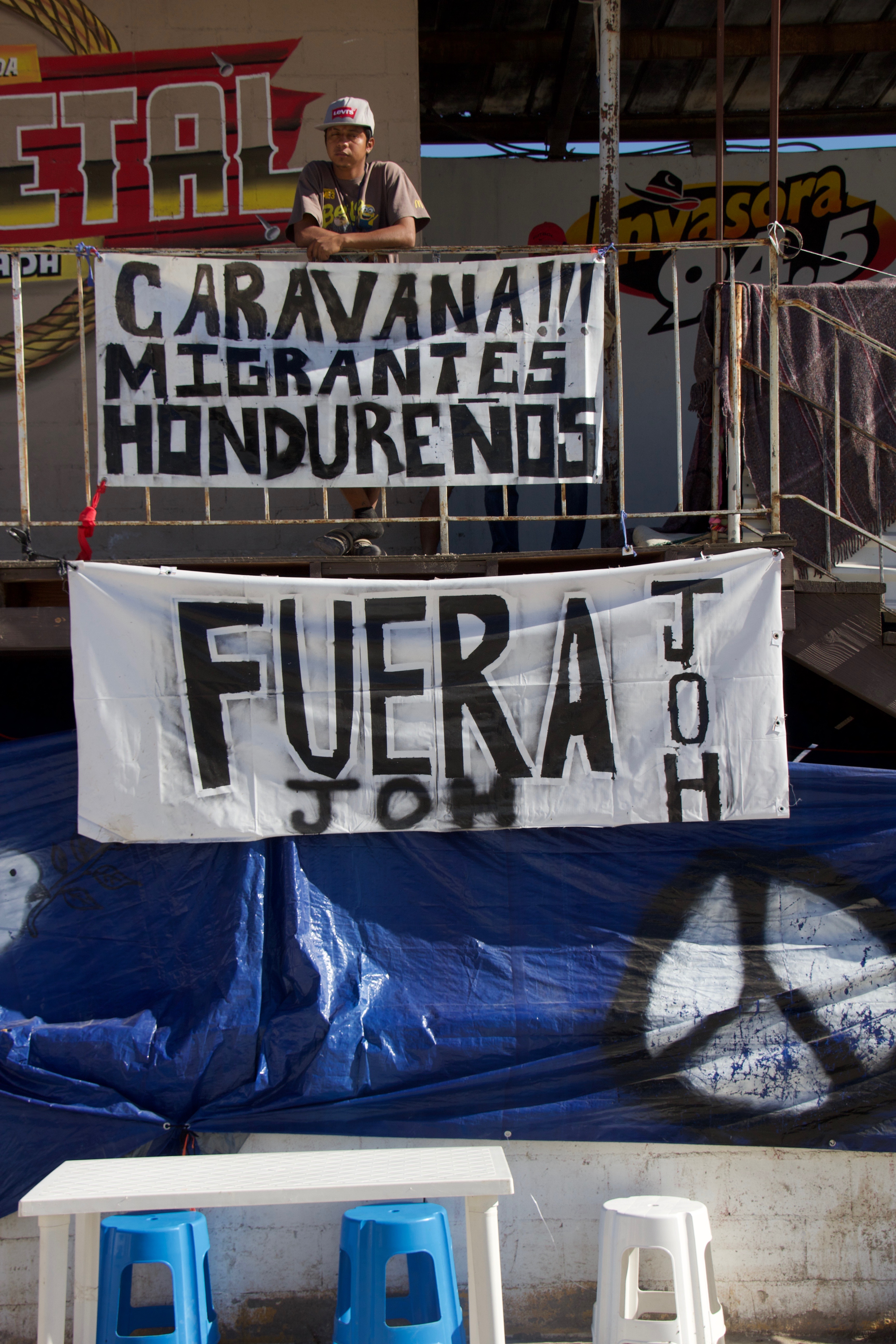 Inside El Barretal, a banner reads 