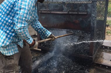 A biochar-making batch pyrolyzer behind Brenton Ladd's house.