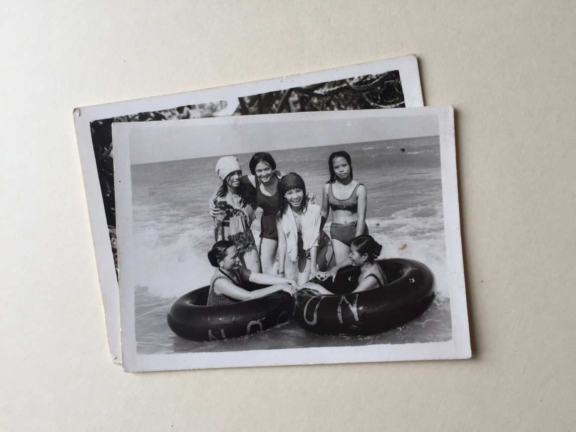 The author's mother, crouching in the center, with women she befriended at the Songkhla refugee camp.